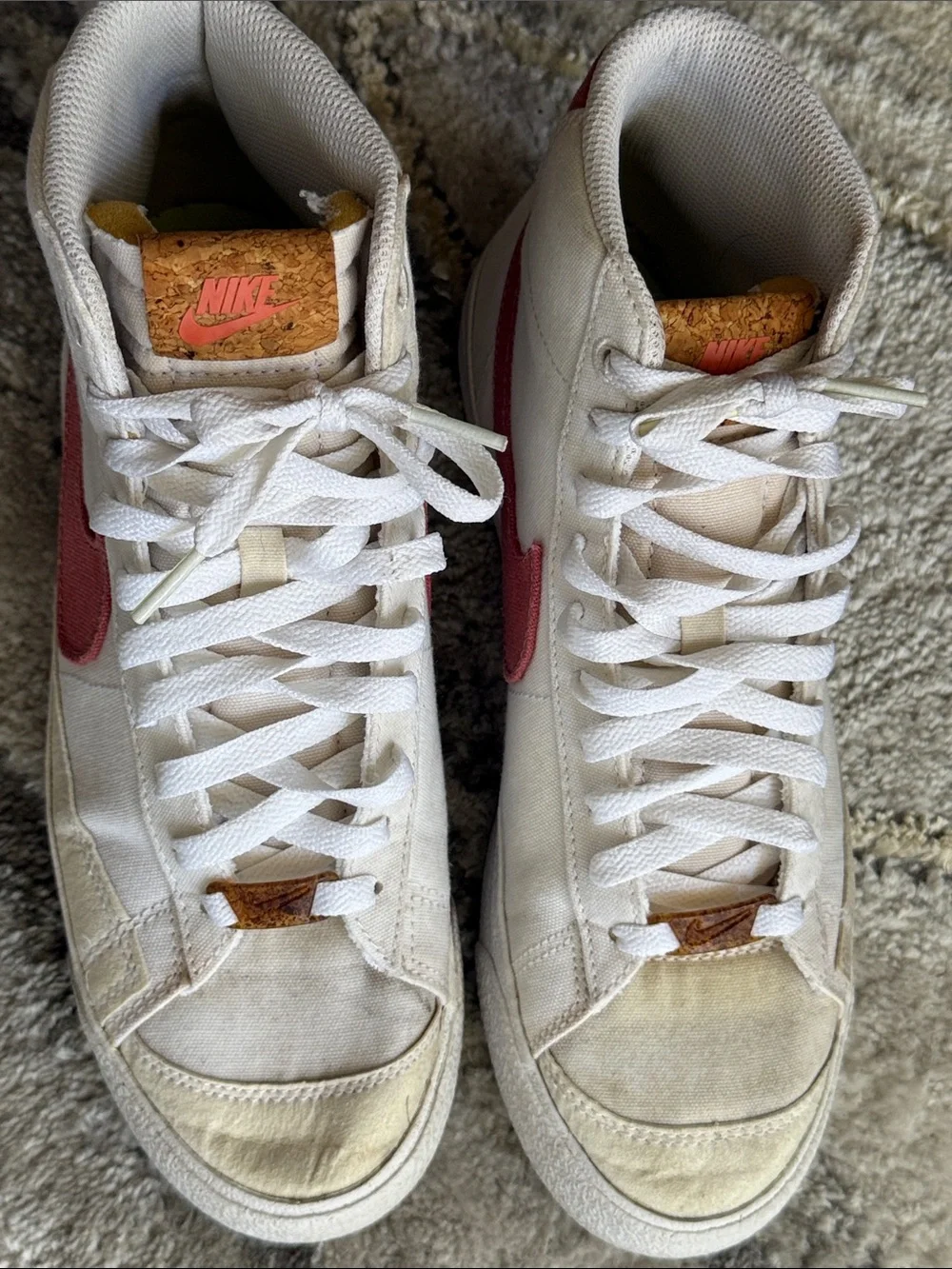 Nike Women high-Top Sneakers in Cream with Coral Swoosh Green Embroidery Blazers